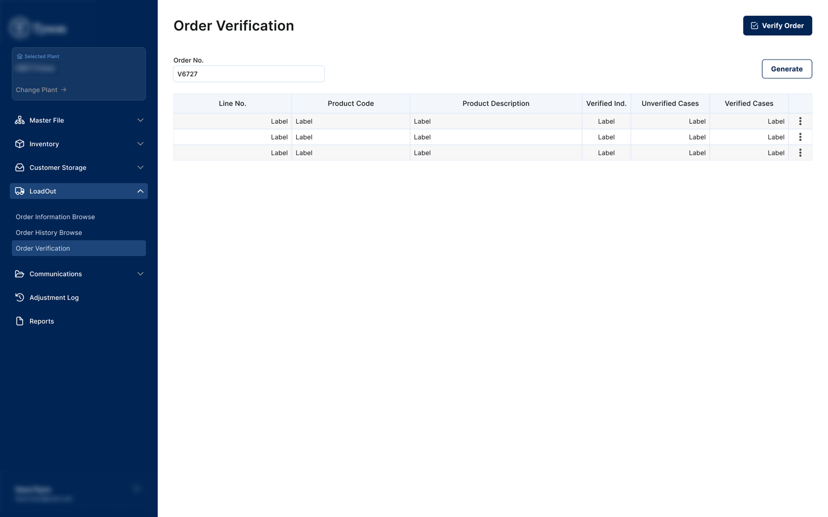 ORDER VERIFICATION — Search by order number returns a line-level view showing verified vs unverified case counts per line.