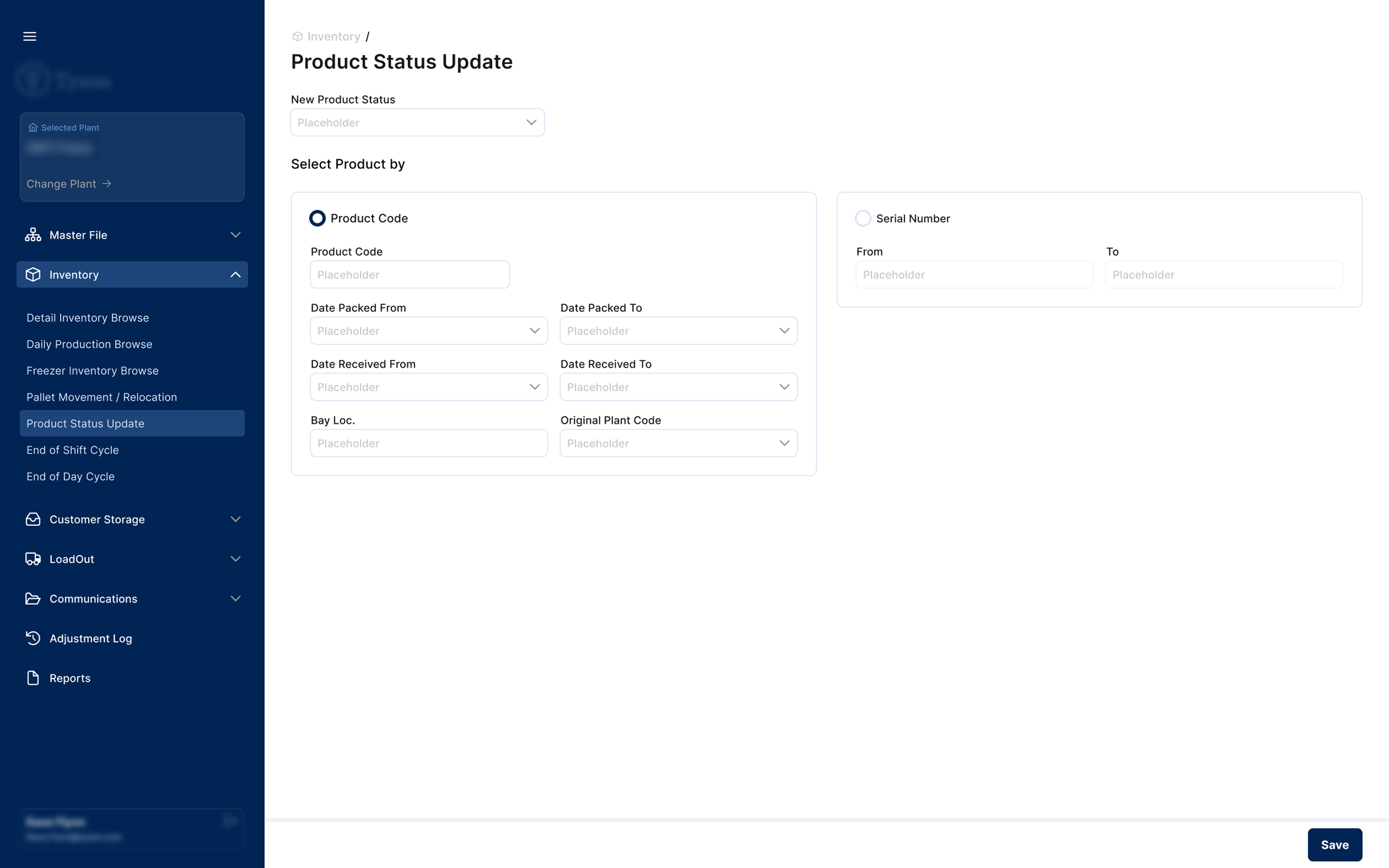 PRODUCT STATUS UPDATE — Two mutually exclusive selection modes presented as radio-gated panels. Only the active panel is interactive, preventing conflicting filter combinations.