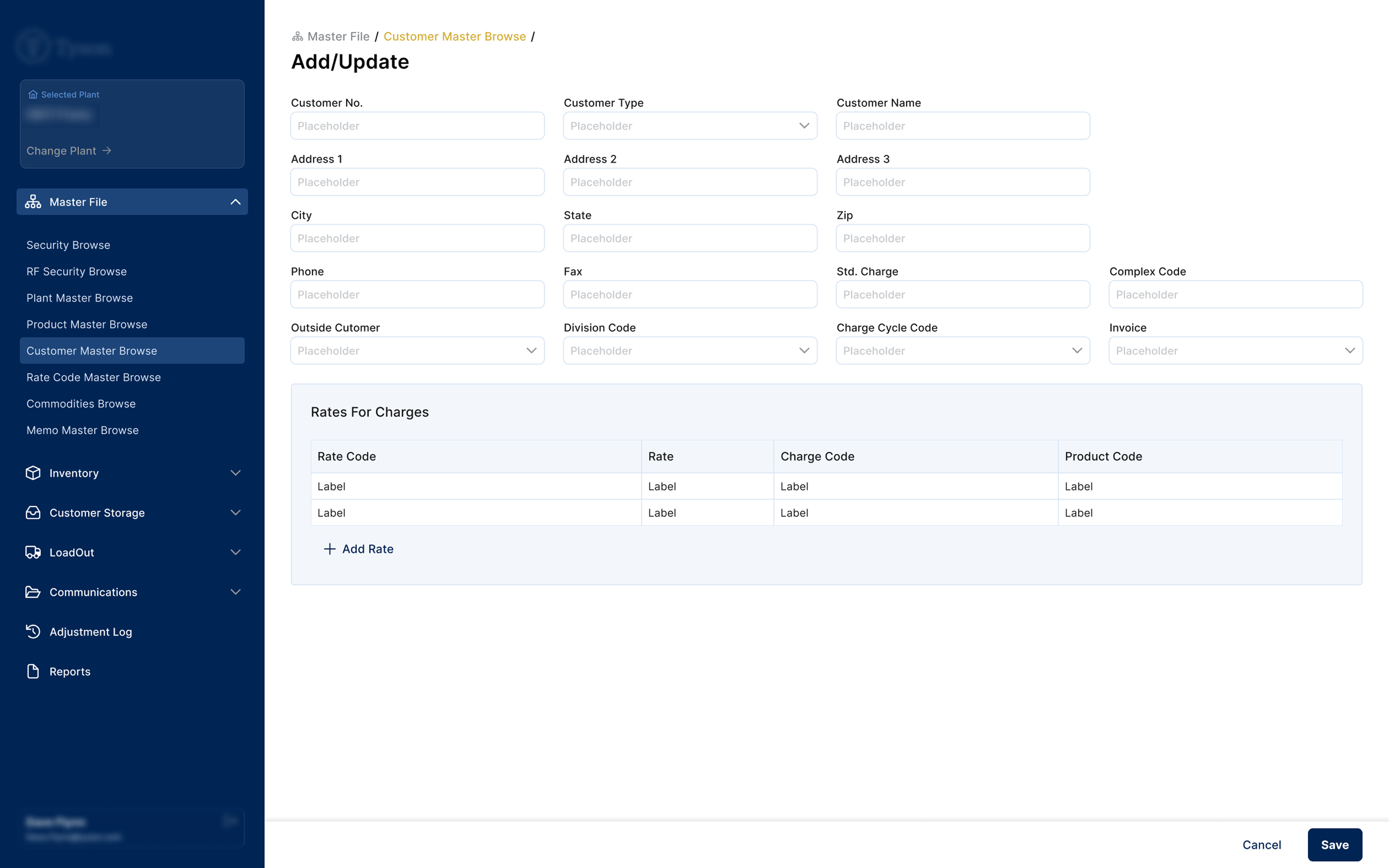 CUSTOMER MASTER — Customer record with inline rates table. Add Rate keeps charge configuration in context without a separate screen.