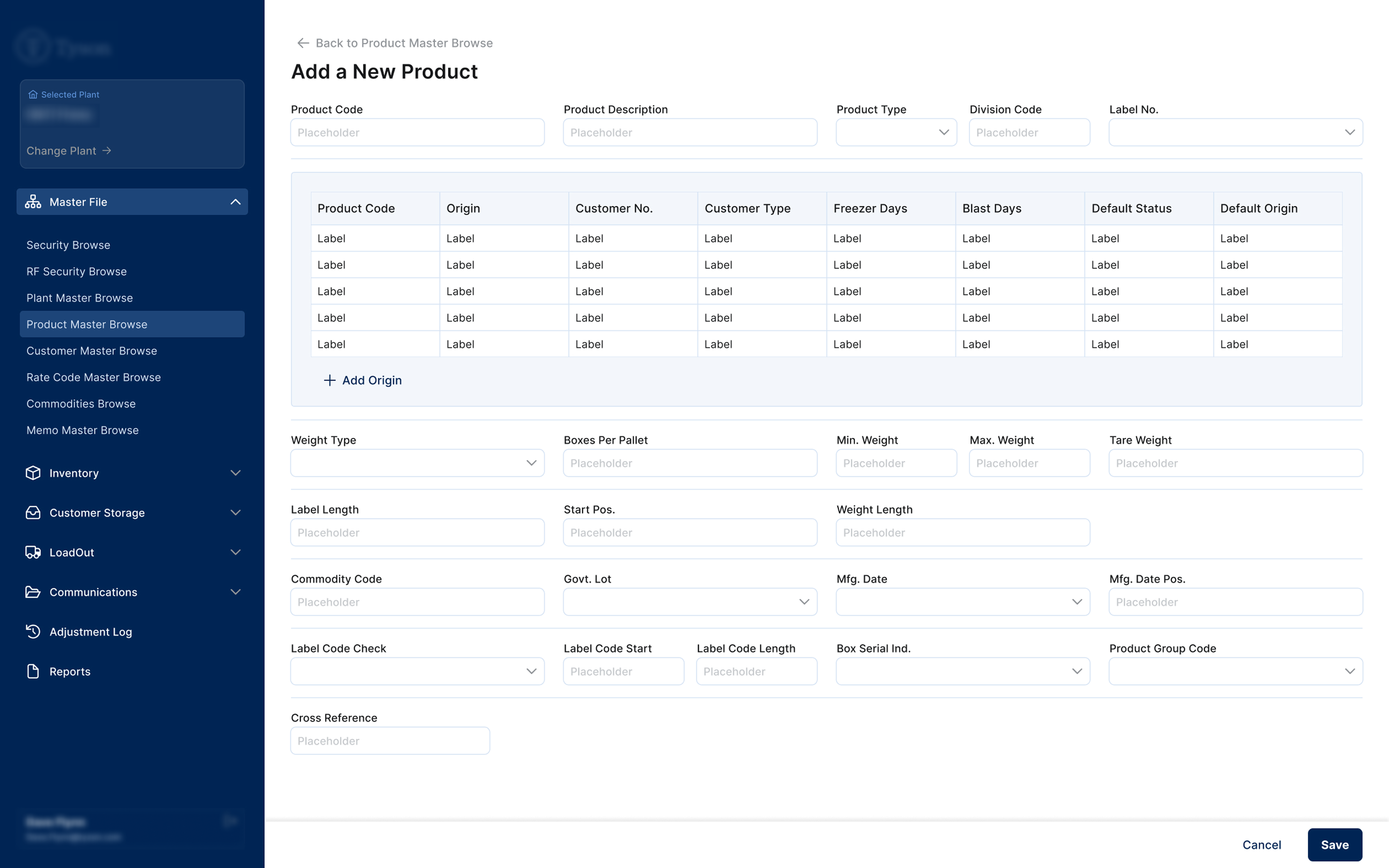ADD A NEW PRODUCT — Complex product configuration with an inline origin table. Header fields above, detailed specs below — all on one page.