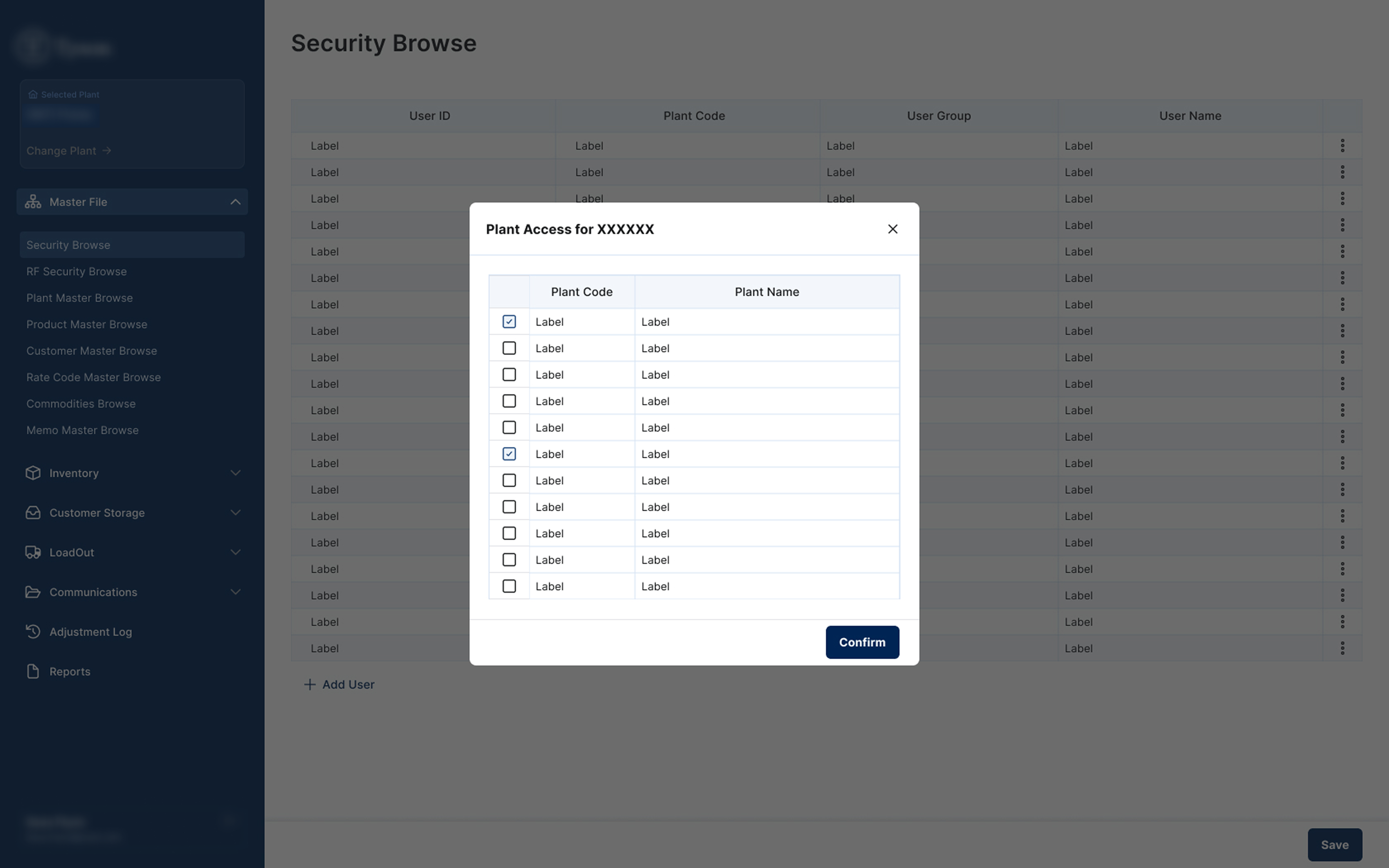PLANT ACCESS MODAL — Plant assignment via an inline checklist modal. Background table stays visible, keeping the user anchored in context.