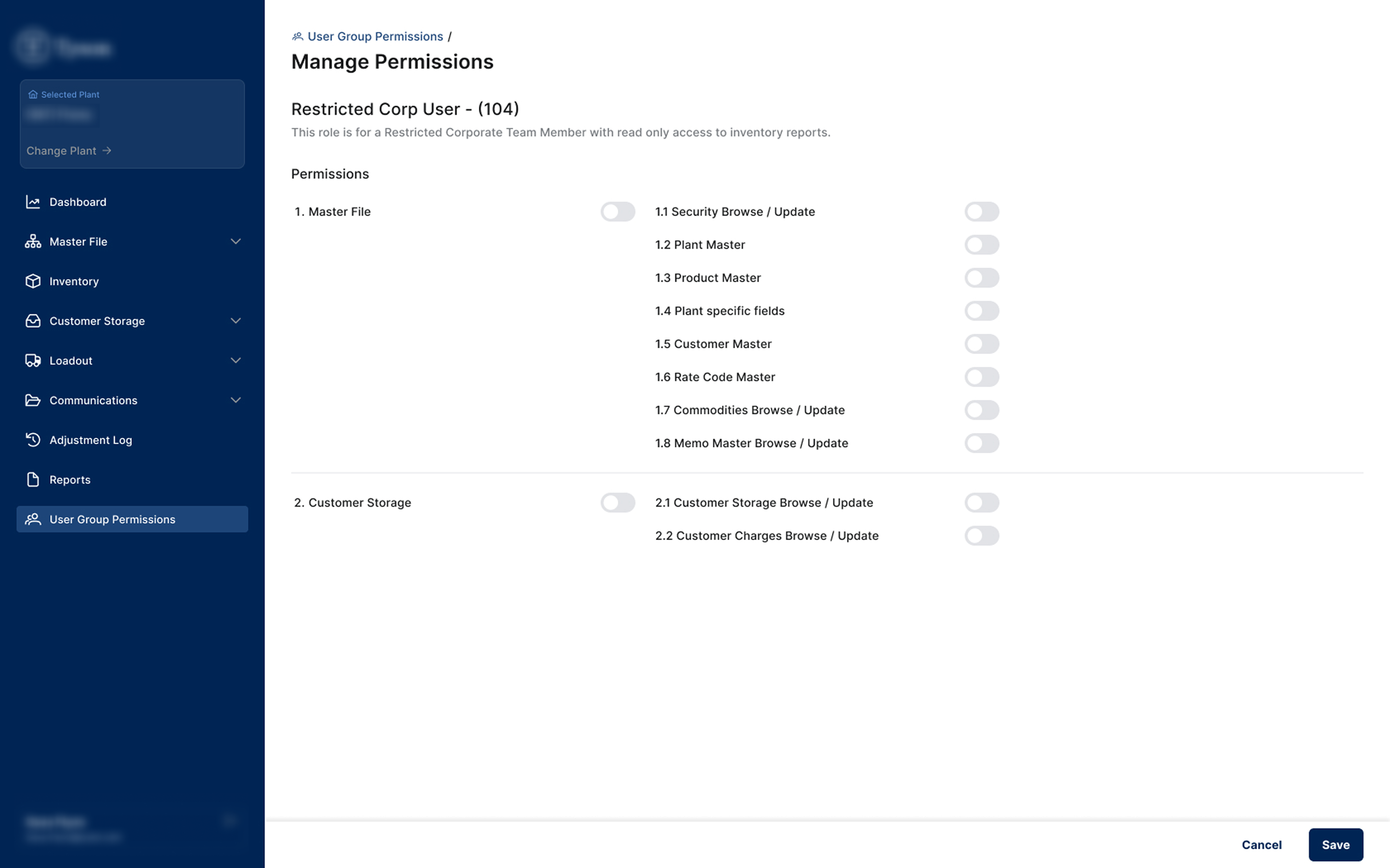 MANAGE PERMISSIONS — Two-level toggle hierarchy: section master toggle cascades to granular sub-permissions. Role description shown inline.