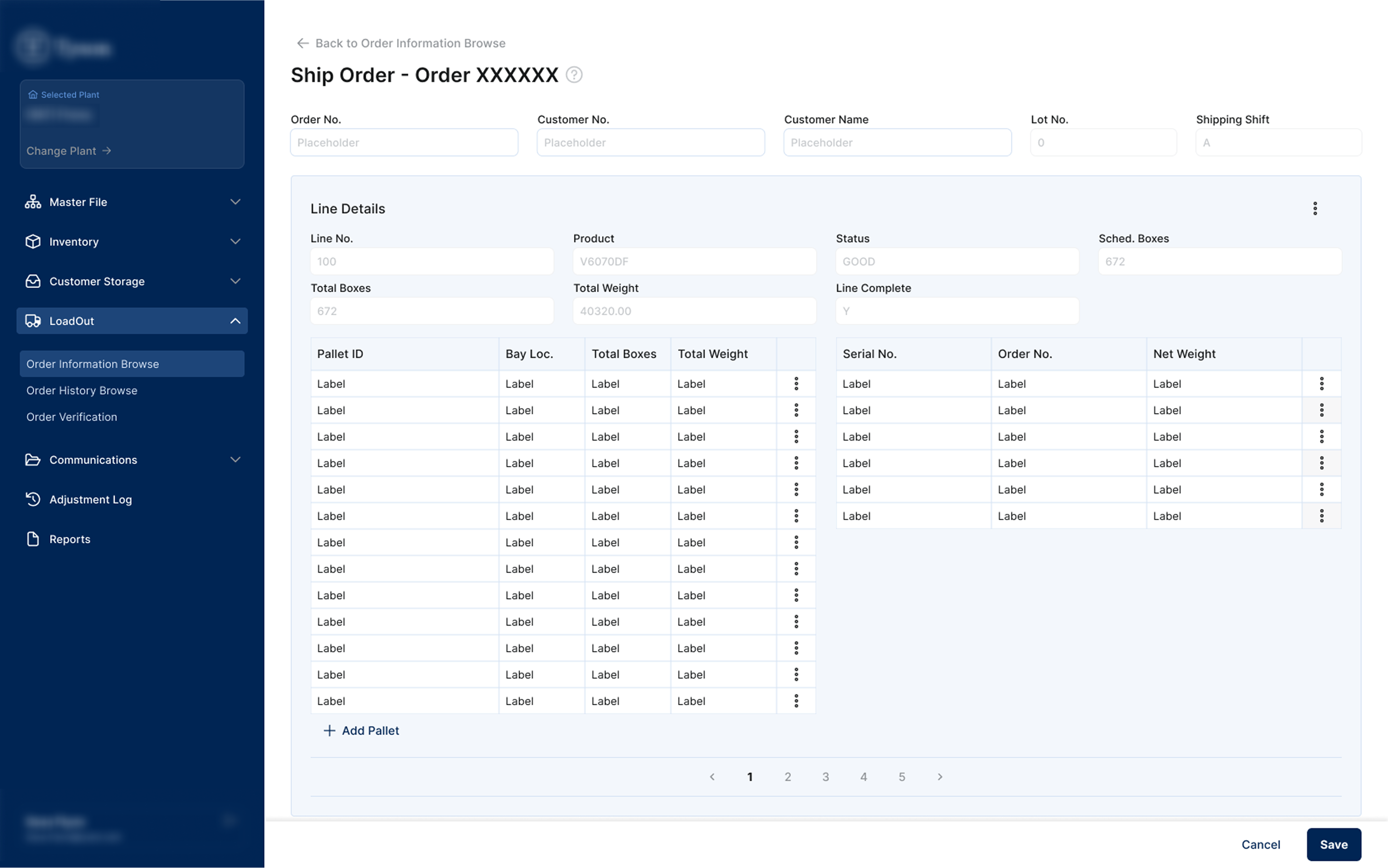 SHIP ORDER — Split panel: pallet-level data left, serial-level right. Line summary at top before row-level detail — overview before detail.