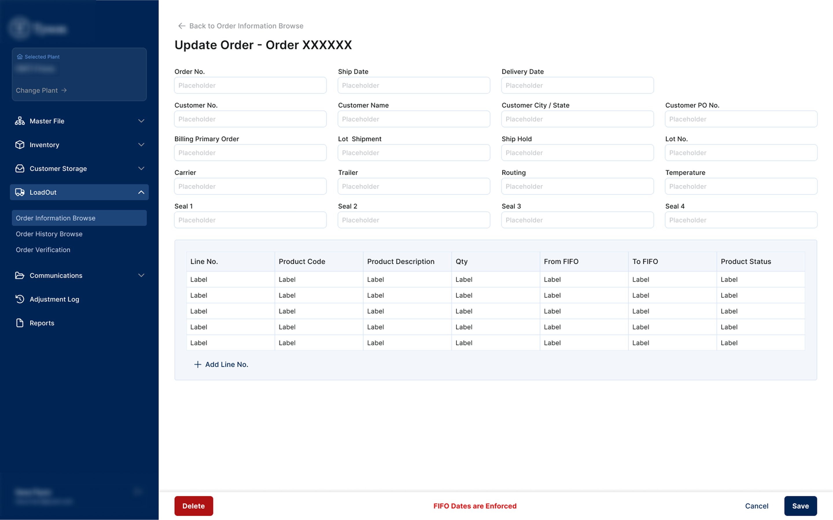 UPDATE ORDER — FIFO ENFORCEMENT — FIFO Dates are Enforced surfaced as a persistent footer warning in red. Delete is red and positioned far left, separated from Save to prevent accidental destructive actions.