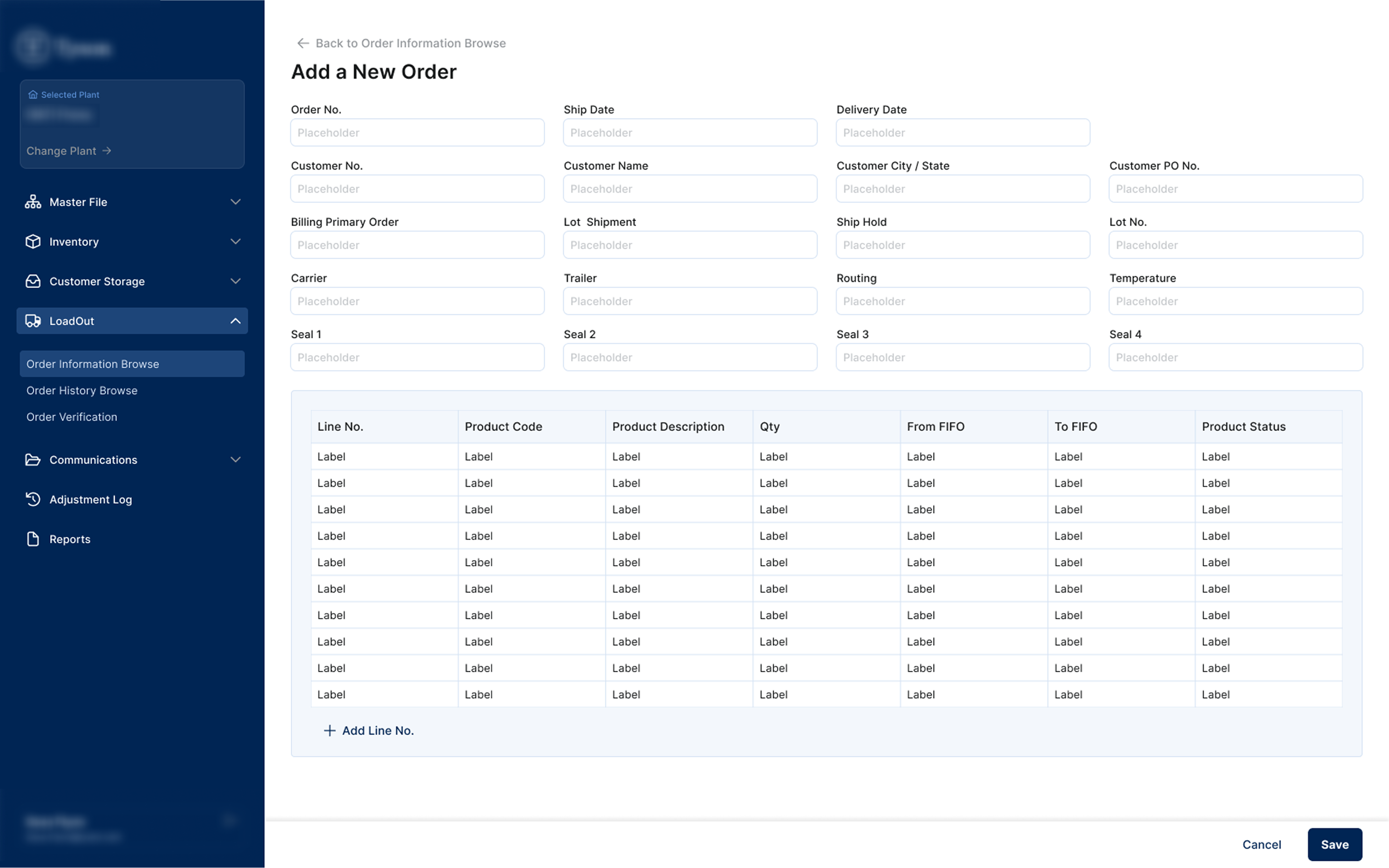 ADD A NEW ORDER — Header fields above an inline line-item table. The full order lives on one page rather than across a wizard.