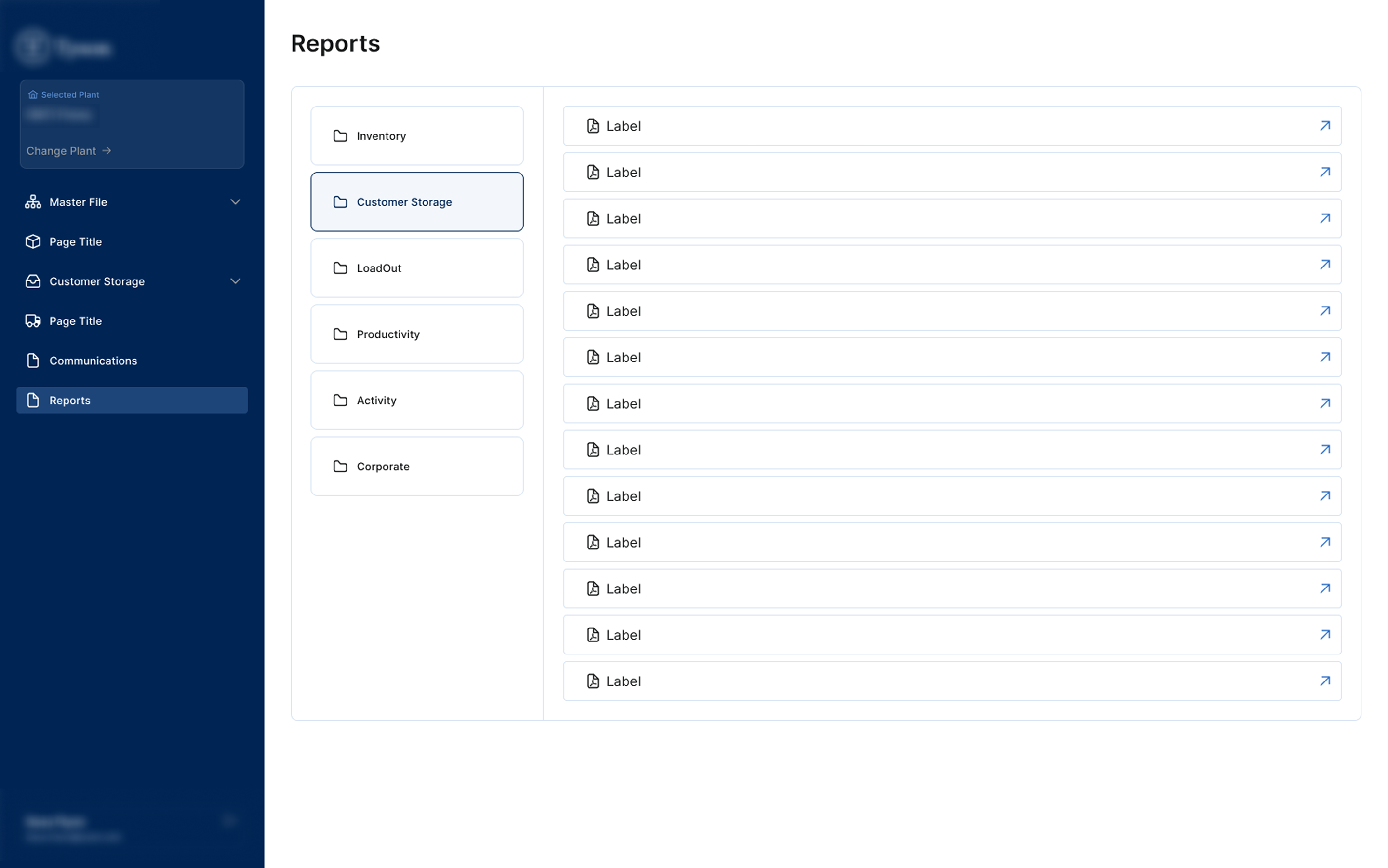 REPORTS EXPANDED — Selecting a folder populates the right panel with individual report links. Two-panel layout keeps the category list visible.