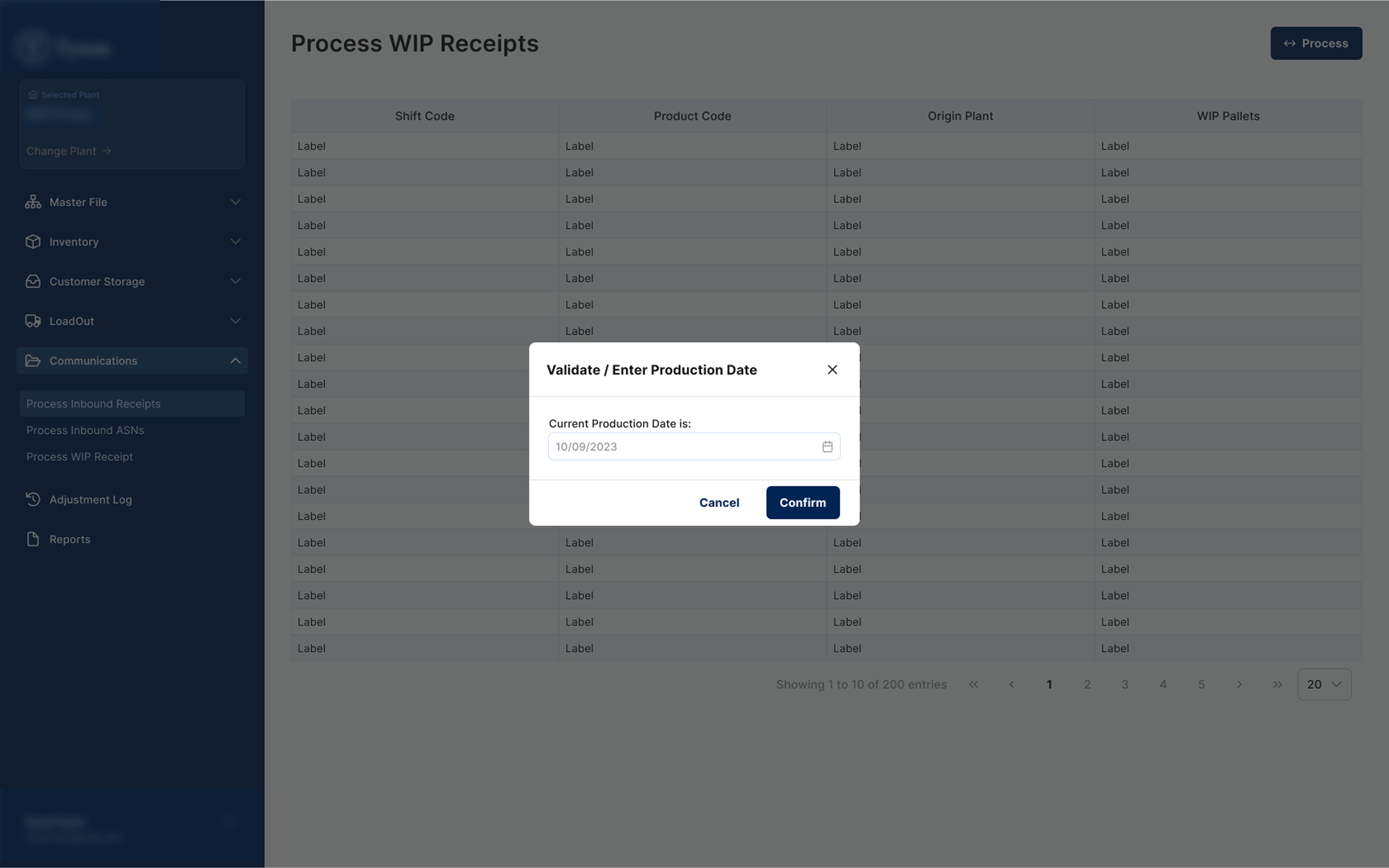 WIP DATE VALIDATION — Before processing, users must confirm the current production date. A lightweight gate that prevents batch processing against a wrong date.