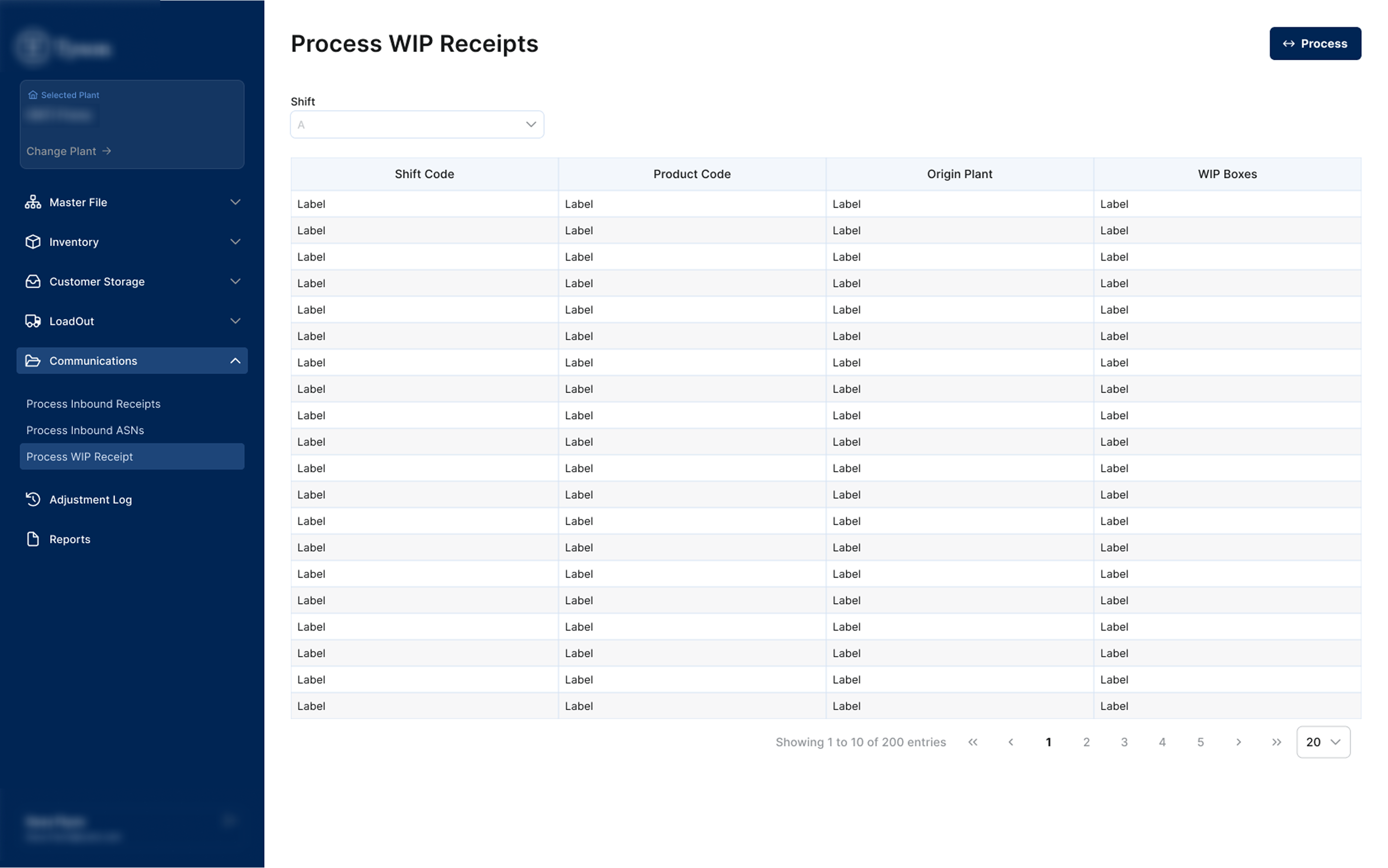 PROCESS WIP RECEIPTS — Shift filter above the table scopes the view before any row-level action.